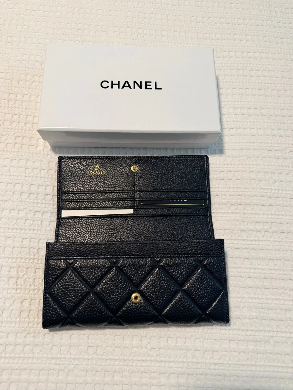 Black Quilted Leather Long Wallet with Gold CC